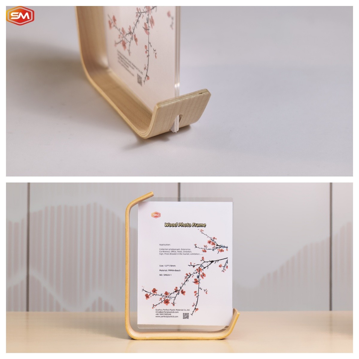 Popular Multi-functional L Shape Acrylic Photo Picture Frame with Wood Base