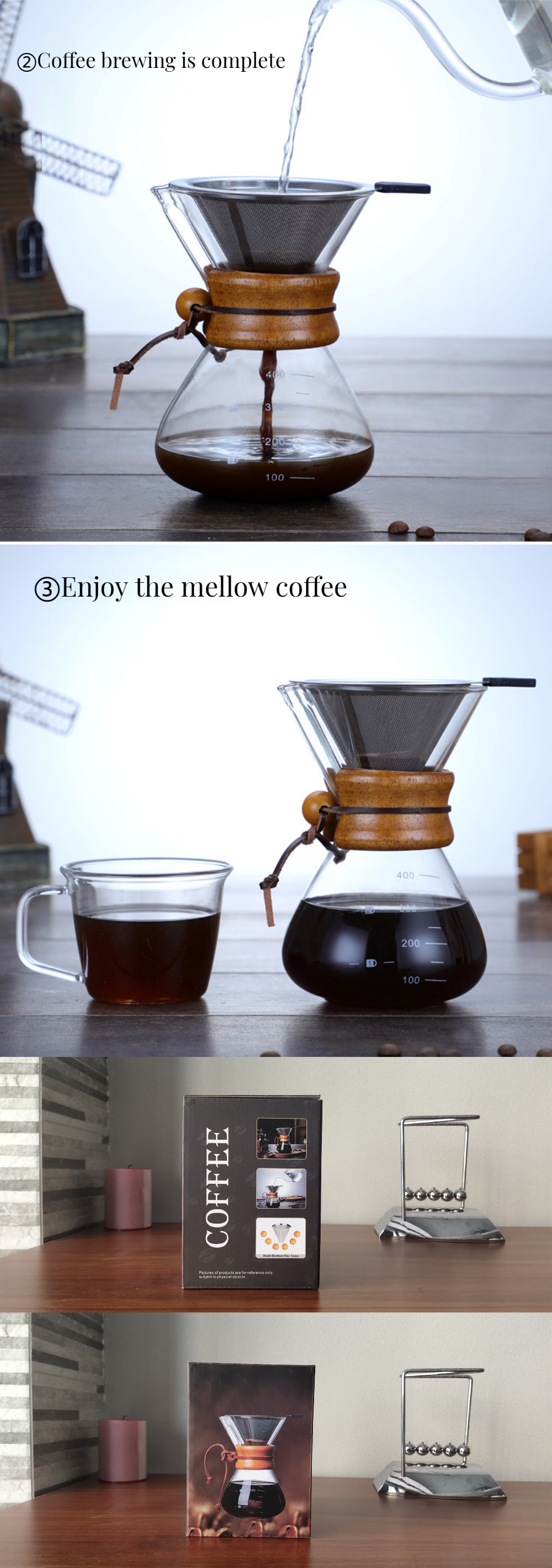 Stocked Classic Series 1-3 Cup Wood Neck Pour-Over Maker 6-Cup Natural Coffee Filter Glass Pour Tea Set