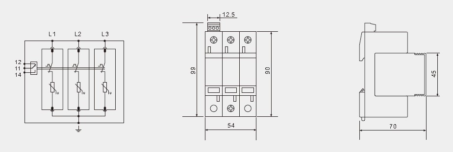 5kA 3P 320Vac Lightning Protectors Type 1+2 / Class I+II / Class B+C