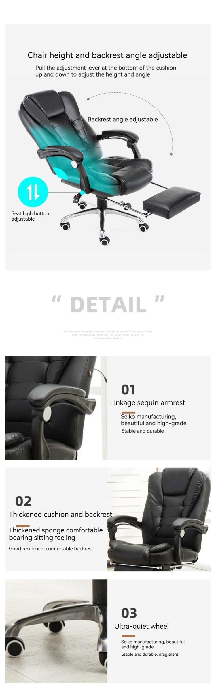 PU 3 Years After-sales Cycle Black Leather Office Chair with Footrest and Wide Back
