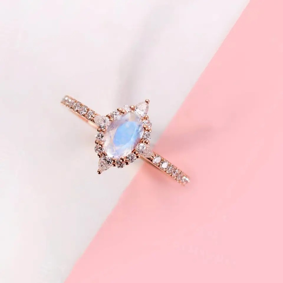 925 Sterling Silver Rose gold 1 Carat Flower Halo Ring Rainbow Moonstone Ring