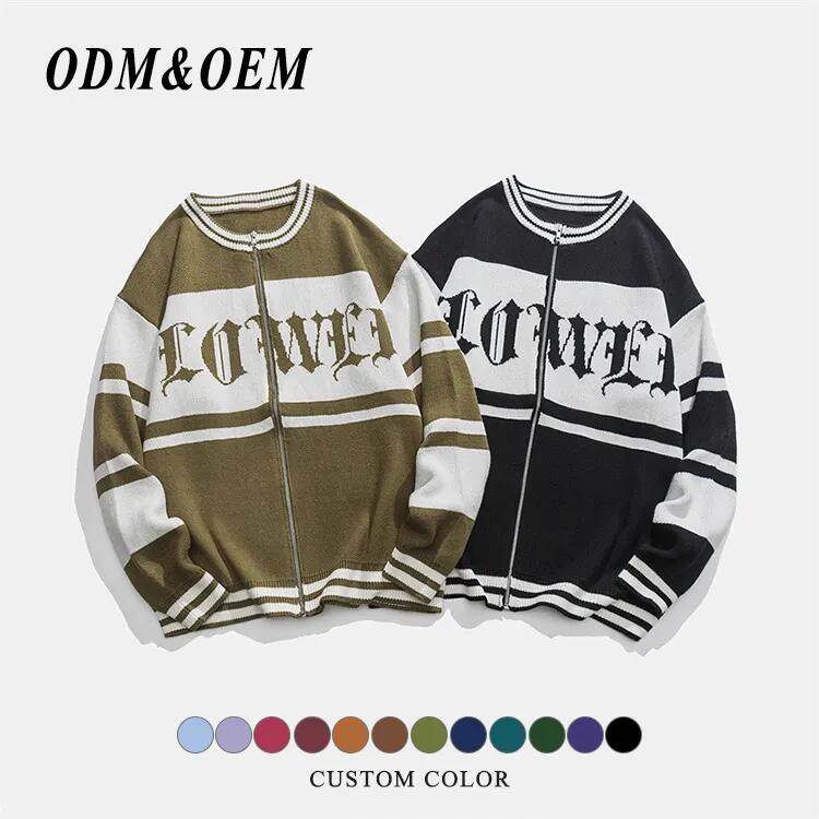 Men&prime;s Knitted Zipper Cardigan Partial Jacquard Letter Craft Pocket Long Sleeve Knitted Coat Sweaters