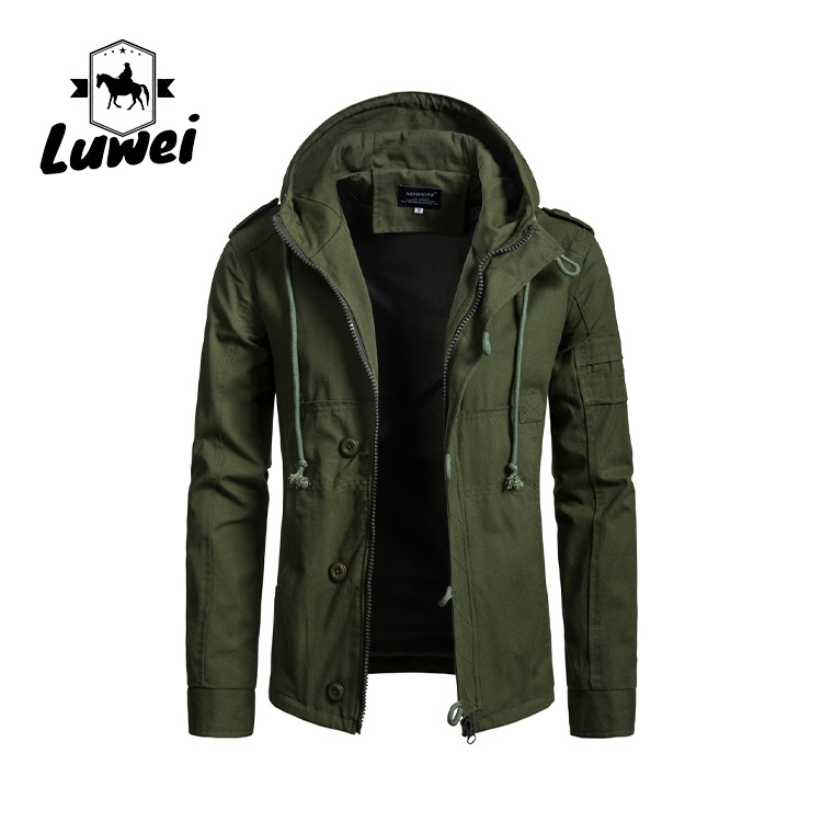 Winter Windproof Thin Work Outwear Blank Utility Cardigan Buttons Long Drawstring Hooded Coat Trench Men Jacket