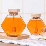 Wooden Lid 12 Oz 13.4oz Hexagon Glass Honey Jar Transparent