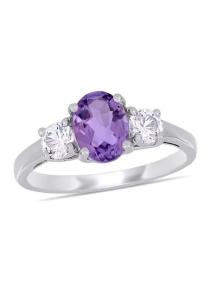 Quality Oval Cut Amethyst and Created White Sapphire 3-Stone Ring in Sterling Silver wholesale