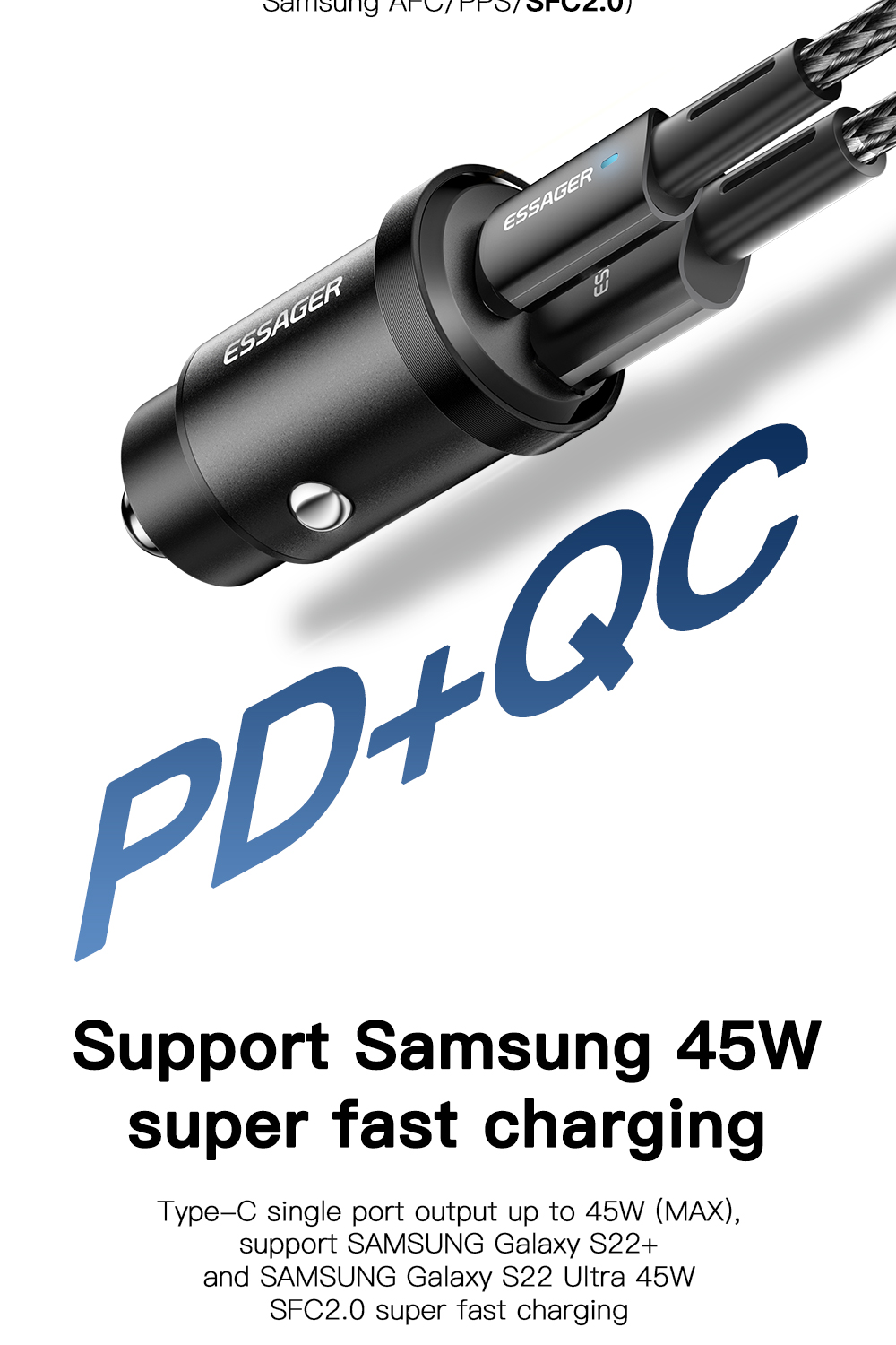 Essager 2022 Gyroscope New Type-c + USB-A USB QC3.0 30W 45W Mini Car Charger