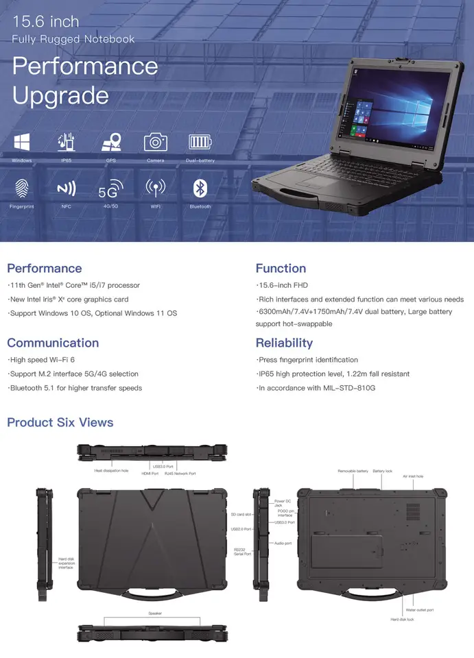 Heavy Duty 15.6 Inch Military Toughbook Intel I5 I7 Win 10 Industrial Ip65