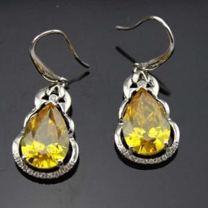 Quality 925 Silver Pear Shaped Yellow Citrine Cubic Zirconia Dangle Drop Earrings(PSJ04034) wholesale
