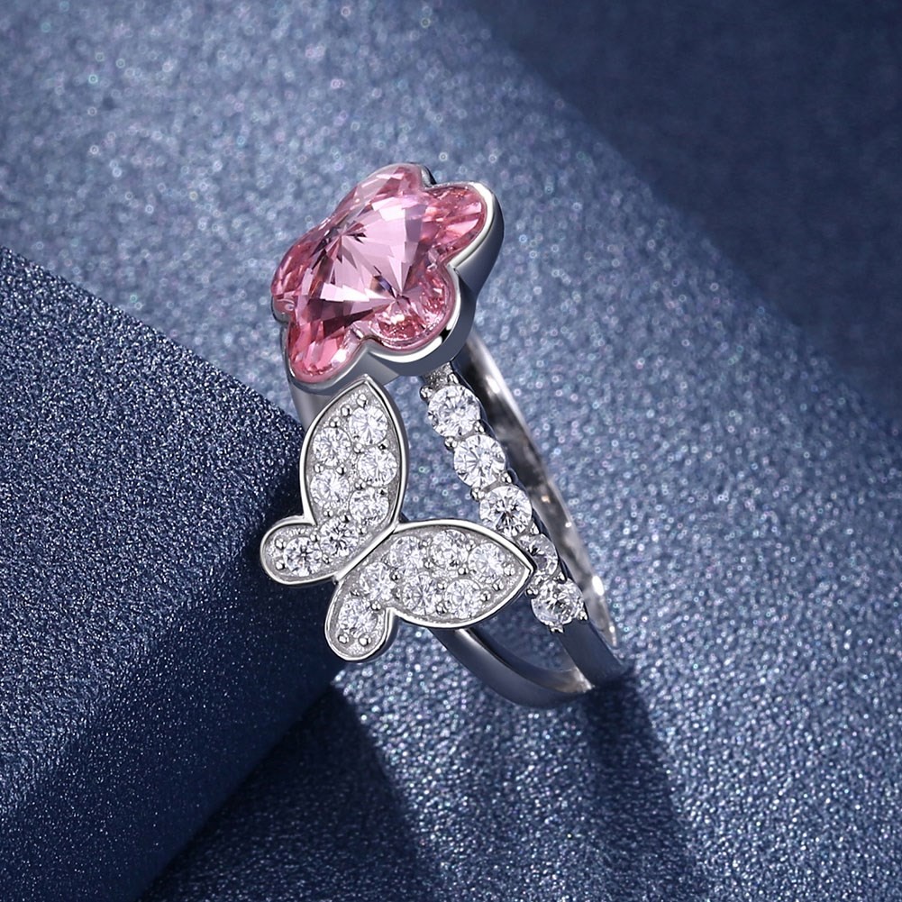 3g 1.1cm Sterling Silver Jewelry Rings 18k Gold Plating Pink Butterfly Ring
