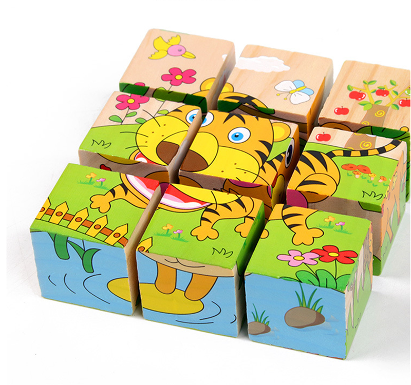 Baby Wooden Block Toys Animal Fruit Early Learning Six Side 3D Cube Jigsaw