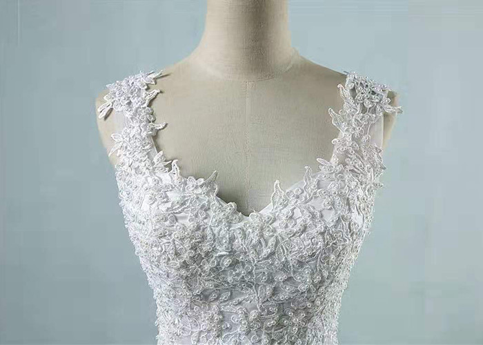 Sleeveless Floor Length Lace Tulle Wedding Dress With Beading Bandage Back Style
