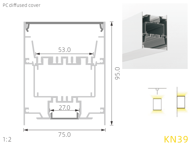 75*95mm LED Profile for Up And Down Lighting anodized Alloy 6063