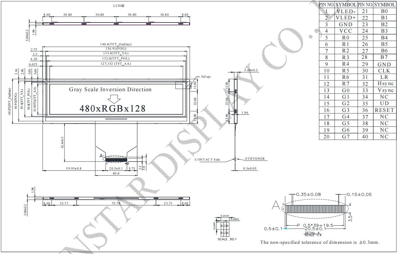 5.2'' 480*RGB*128 TFT LCD Module Winstar WF52ATLASDNN0 replace 6 o'clock