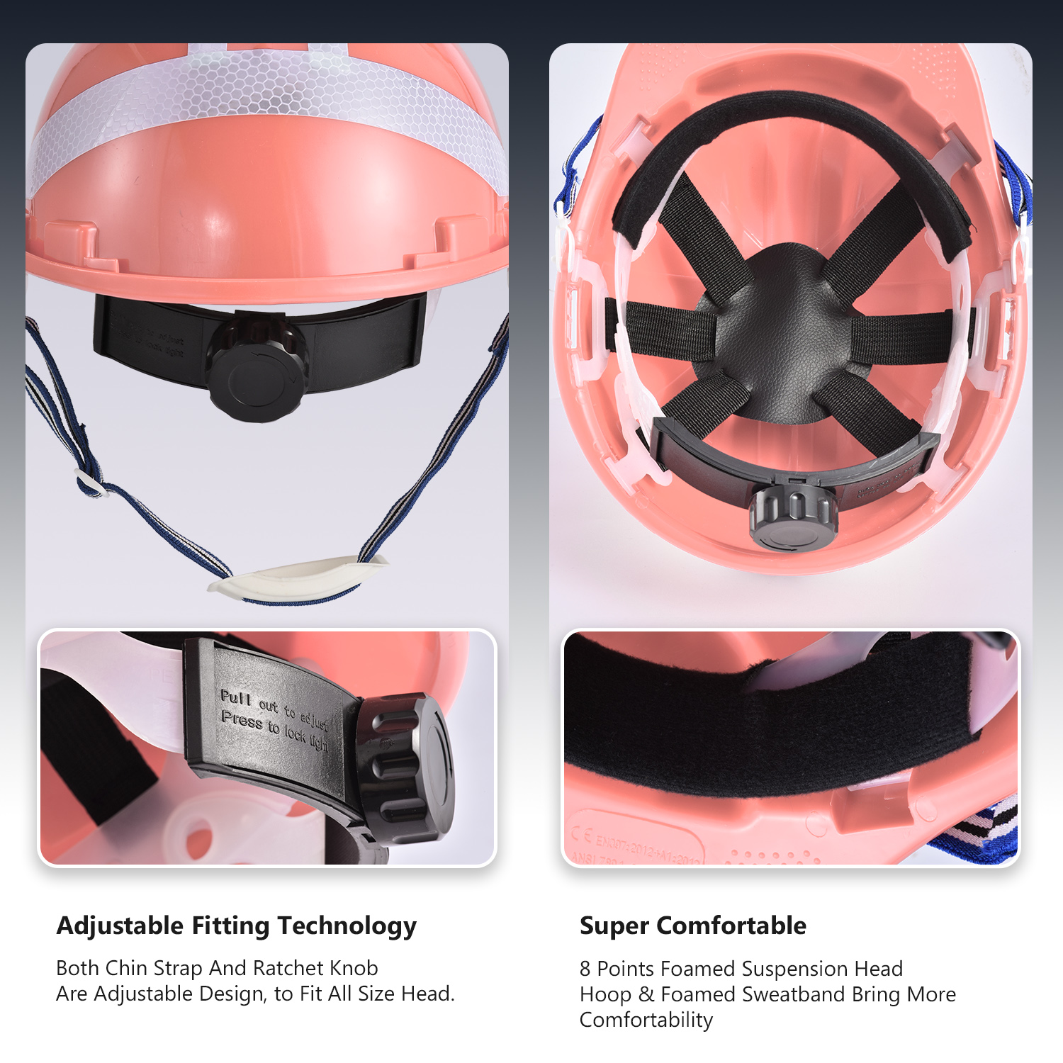 Pink 4/6 Points Construction Site Safety Work Helmet 285mm Workplace Safety Equipments