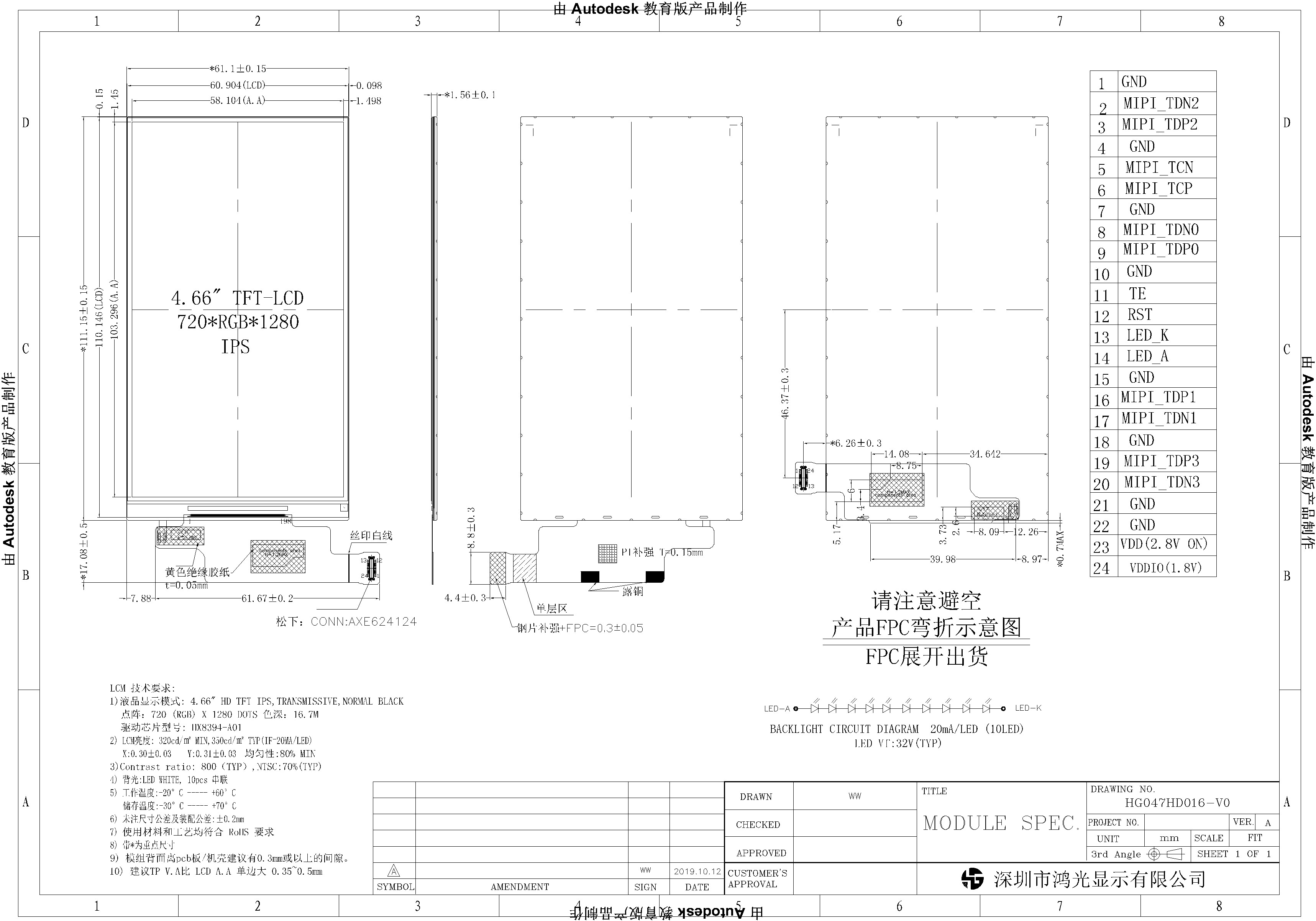 Full HD MIPI Interface 4.66 Inch Custom TFT Display 720x1280 For Handheld Device
