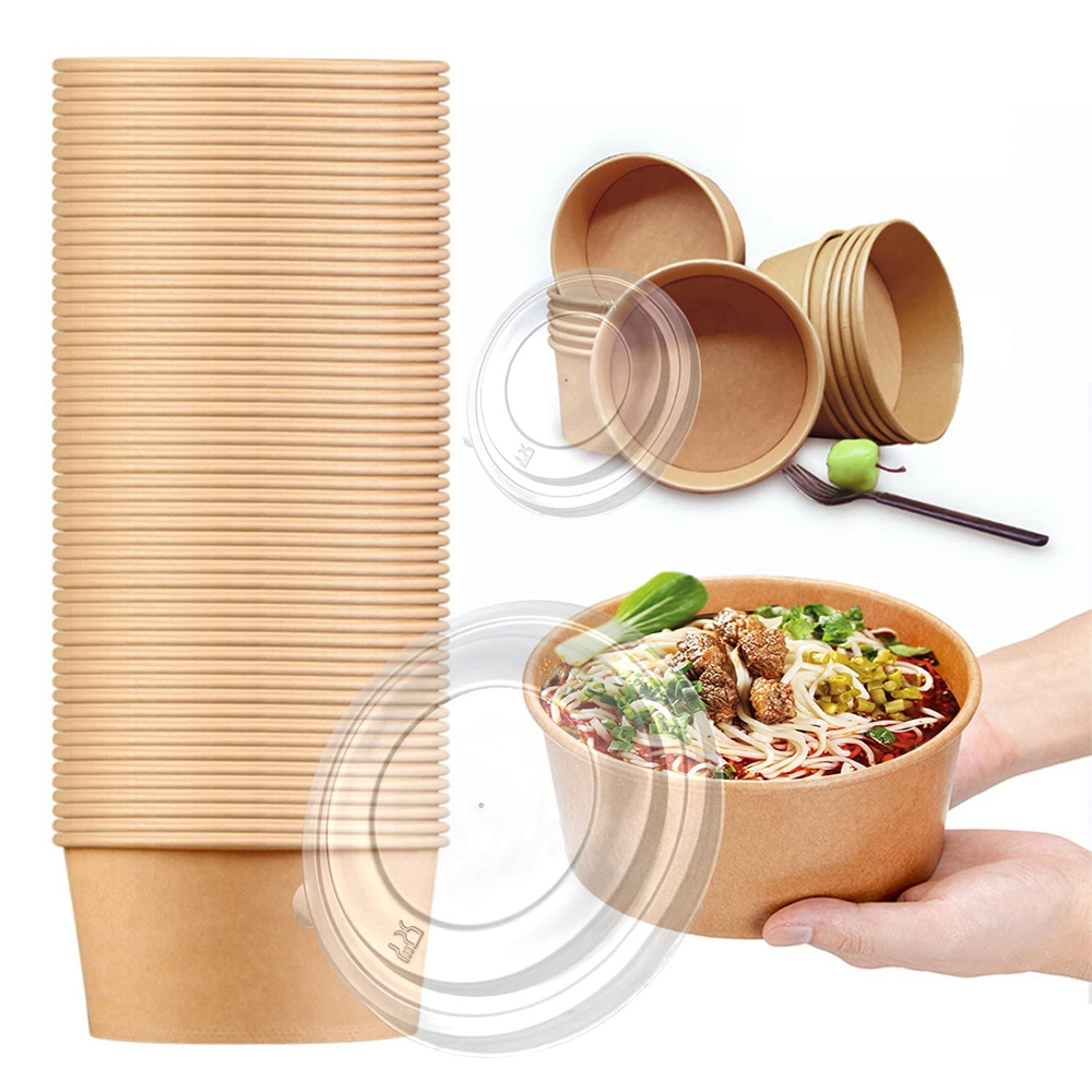 Custom Round 1300ml 1500ml Food Packaging Kraft Salad Paper Bowl With Lid Waterproof