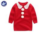 Jaquard Collar Girls Knitted Dress , Girls Red Jumper Dress With Fluffy Ball
