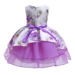Hot Sale Toon Purple Girl Dress Bow Belt Printed Mesh Gown Princess Dress Tutu