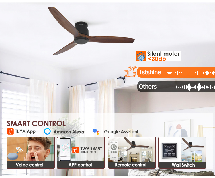 3-Blade Wooden Ceiling Fan with Smart Remote Control and App-Controlled Flush Mount