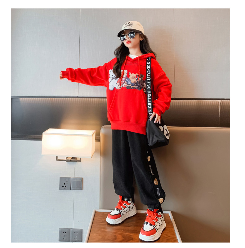 Children's suit thickened sports hoodie children's clothes autumn and winter trend cartoon girl warm two-piece set