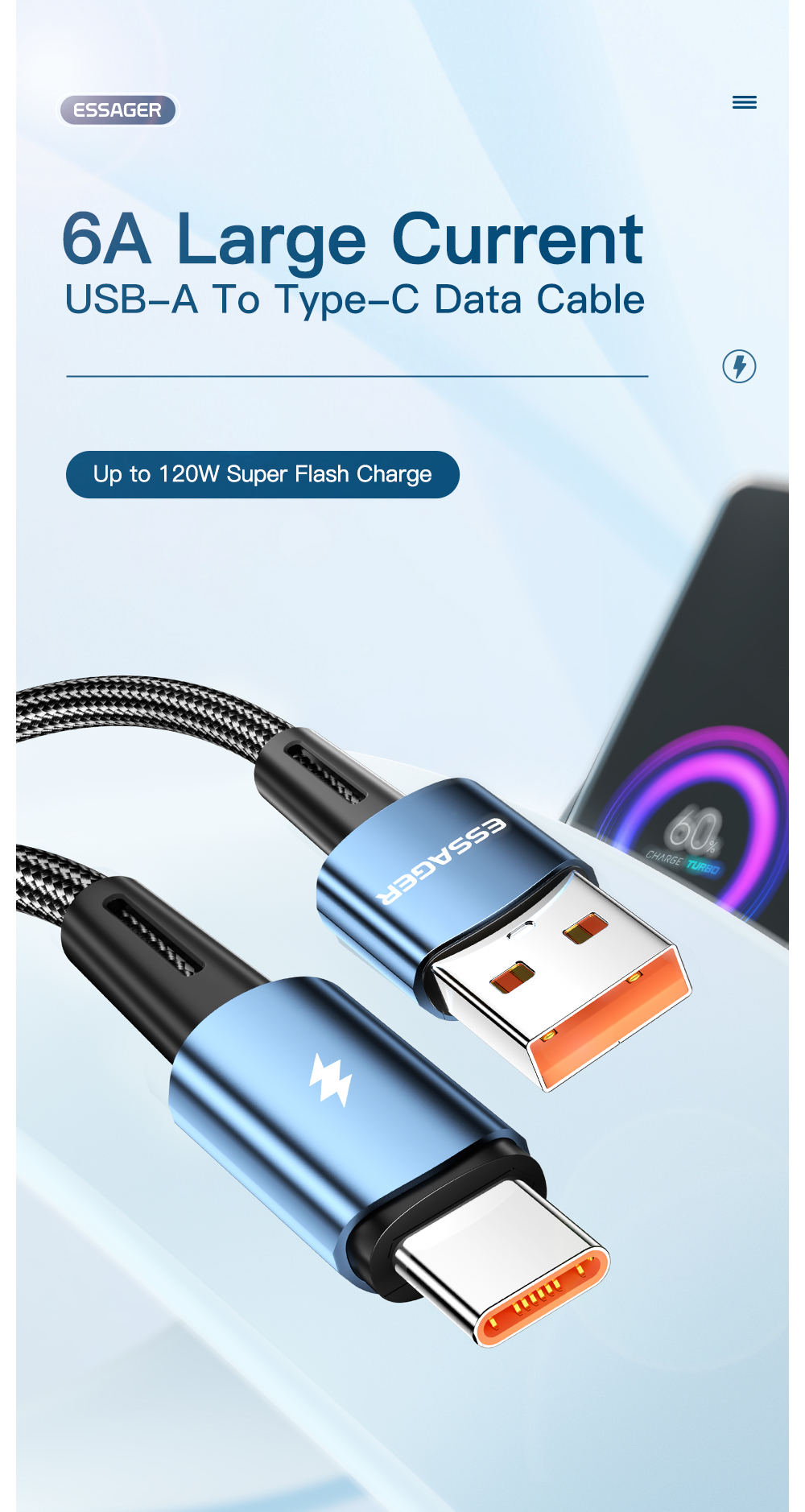 Sunset USB to Type C Cable 120W Quick Charge Type C Data Cable 6A