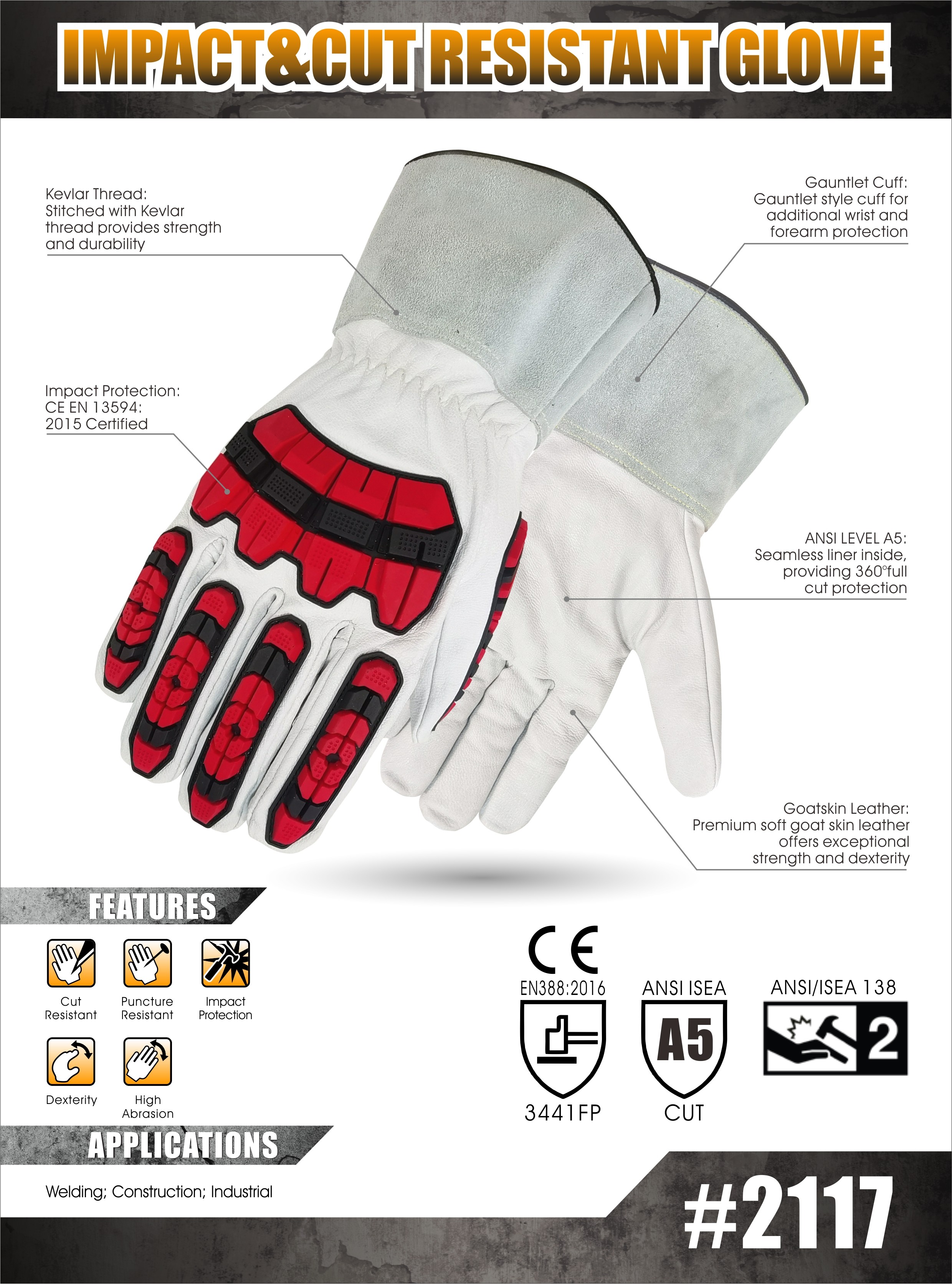 360 Degree Goatskin Shell Cut Resistant Work Gloves With Impact Protection
