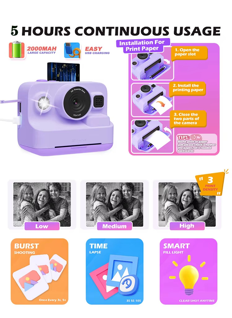 Mini Printer Portable Thermal Digital Children Photo Kids Camera Video Toy Gifts
