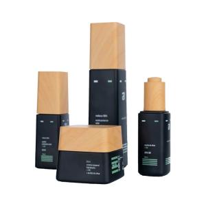 Quality 125ml Black Glass Skincare Glass Bottles Jars Glass Skin Care Packaging With Bamboo Lids wholesale