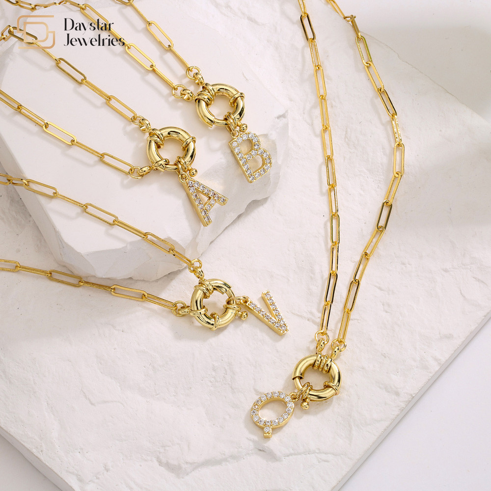 Gold Plated Diamond Initial Letter Pendant Necklace SS Paperclip Link Chain