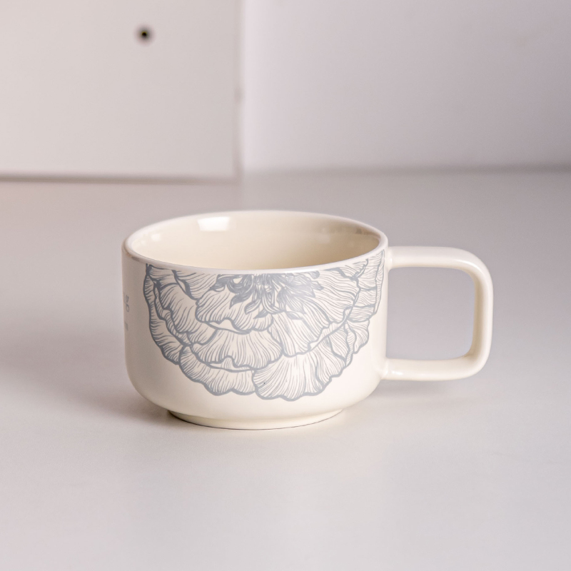 Floral Blue Ceramic Coffee Cup And Wooden Saucer Porcelain Kaffeetasse With Wood Matt