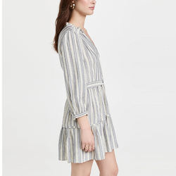 Ladies Long Sleeve Casual Ruffle V Neck Striped Viscose Mini Dress for Women