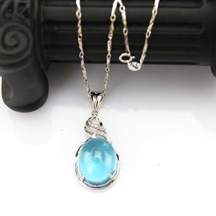 Sterling Silver Chain Oval Dome Blue Topaz Cubic Zirconia Charm Pendant Necklace(PSJ0291)