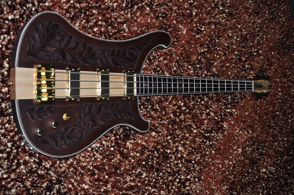 Custom bass guitar Carved flower body Neck through body 4 string electric bass guitar 4003 RIC Golden hardwares