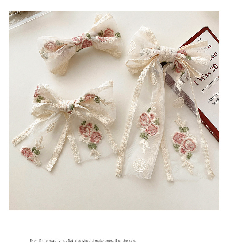 Embroidery Big Bow Headdress Hairpin Hair Accessories Super Fairy Long Streamer Net Red Lace Hairpin Girl Clip