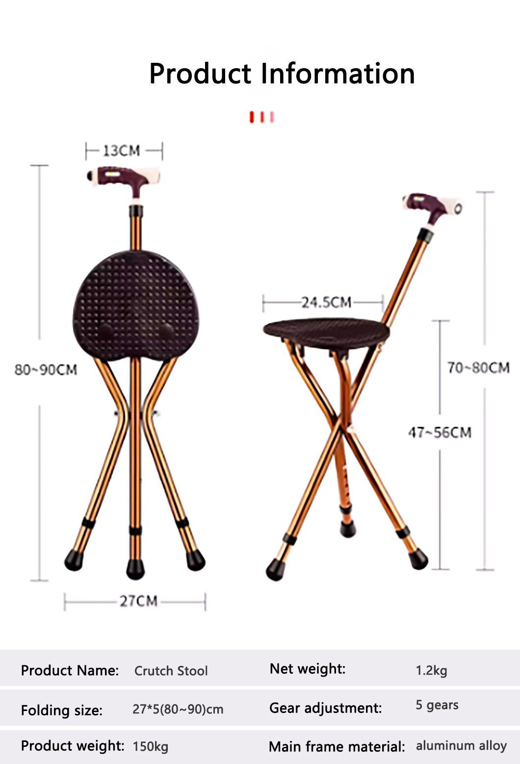 Wholesale Medical Handicapped Home Nursing Folding Shower Crutch Chair 3 Legs Walking Stick Chair with Seat