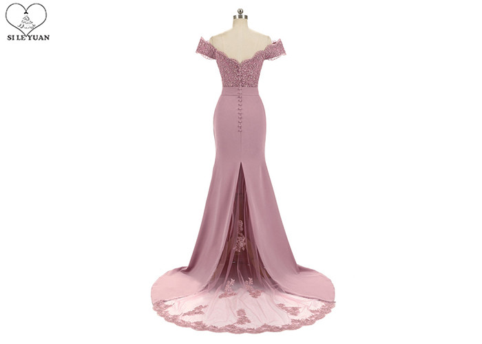 Off Shoulder Pink Mermaid Bridesmaid Dresses Lace Beading Elastic Sweep Train