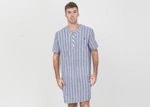 Quality Stripeed Design Mens Short Sleeve Nightshirts Button Placket Embroidery Curved Hem wholesale