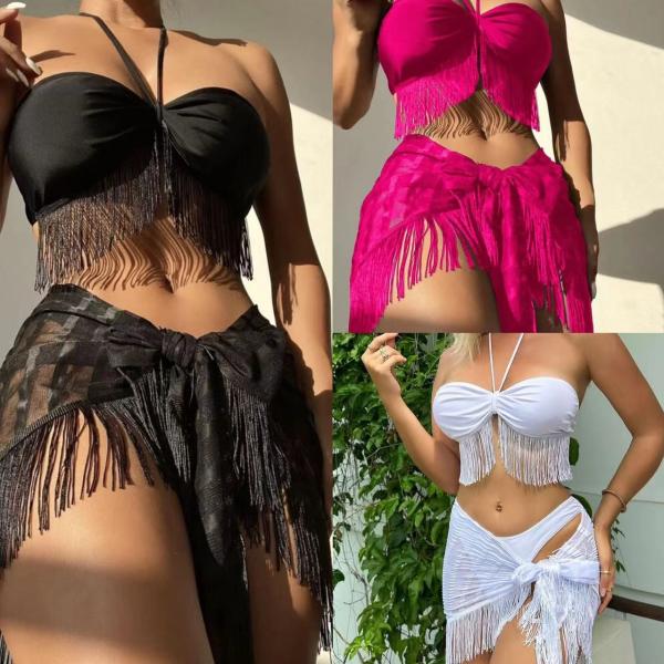 Fringe Sling 3 Piece Swimwear Set Perspective Mesh Three Piece Swim Set Bikini