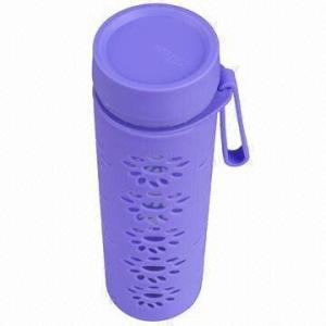 Quality Colorful Single-wall Glass Water Bottle with Silicone Coating, Various Designs are Available wholesale
