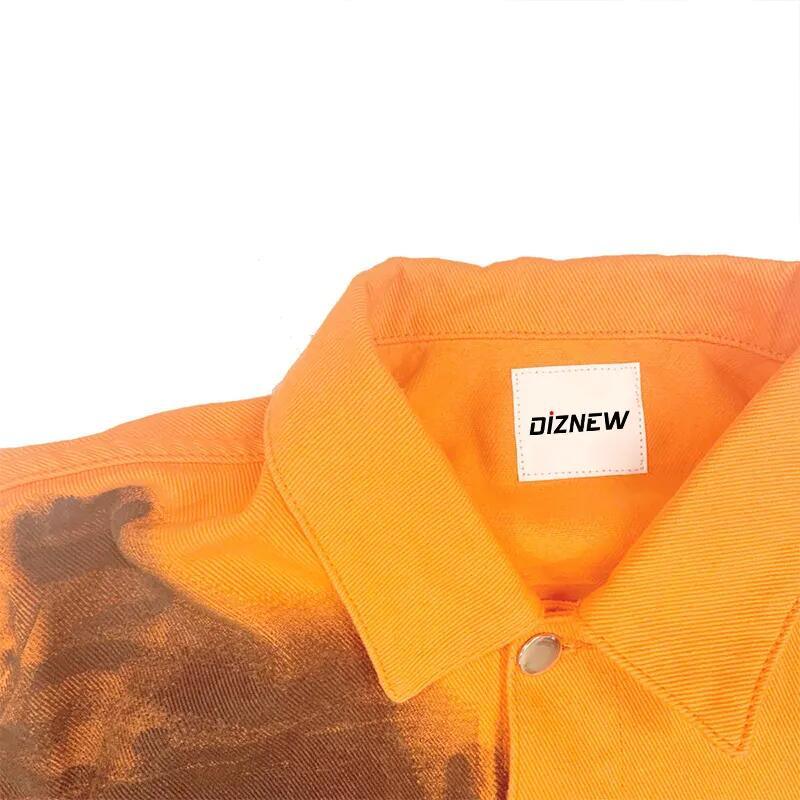Jacket Button Orange Men&prime;s Jackets &amp; Coats Full Over Digital Printed Distressed Denim Jacket