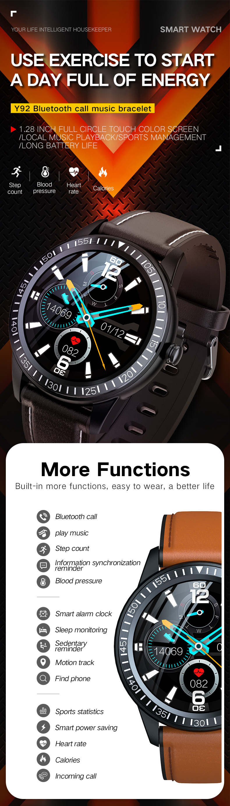 Multifunction Sport Music ECG Smart Watch IP67 Waterproof 1.28 Inch