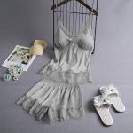 Summer Sleeveless Ice Silk Sexy Suspenders Knickers Lace Satin Pajama Set For