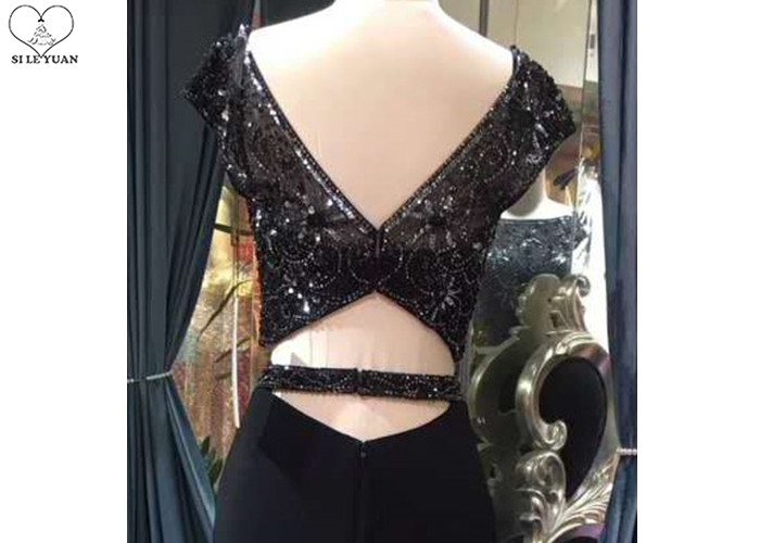 Black 2 Piece Mermaid Style Prom Dress Short Sleeve Invisible Zipper Fishtail