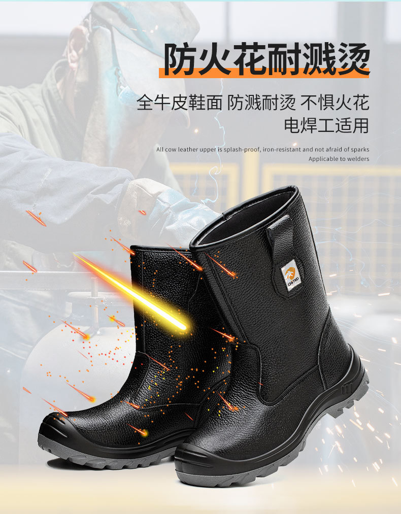 Double Density PU Sole Safety Shoes Black High Top Genuine Leather Work Boots With Steel Toe