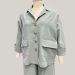 Womens Linen Cotton Green Two Pieces Comfy Long Sleeve Button Tops With Pocket