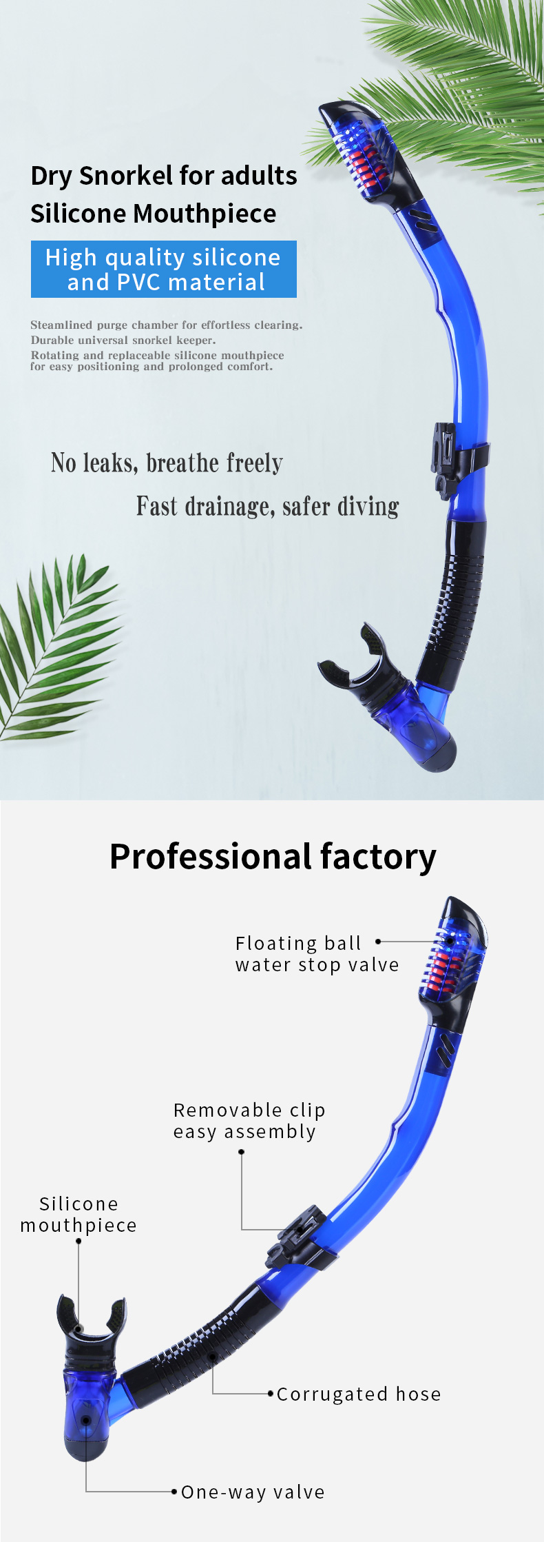 Silicone Mouthpiece Dry Top Snorkel Set PVC Tube For Swimming Diving