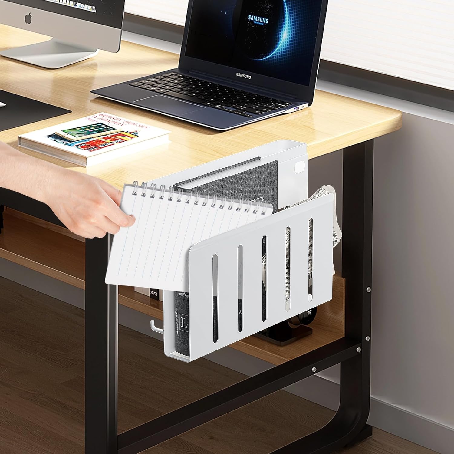 Desk Side Storage No Drill Vertical Laptop Mount with Cable Tray and Hanging Organizer