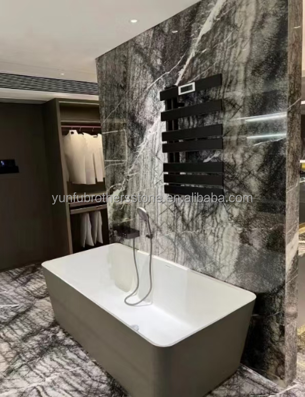 Italian Natural Stone Silver Fir Black Grey Look Marble Textured Slab for Home Wall Panel