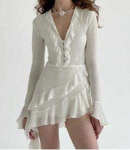 Quality Custom Clothing Factory China Chiffon Ruffled Breasted V Neck Flared Long Sleeve Dress wholesale