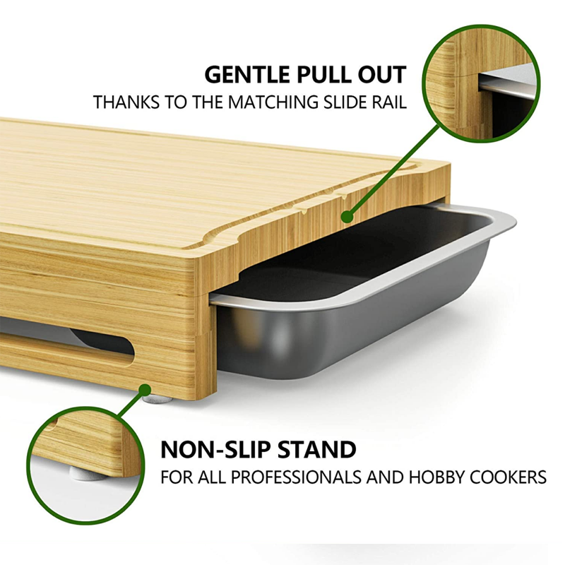 Natural Colour Rectangle Bamboo Chopping Cutting Board With Tray And Drawers For Kitchen